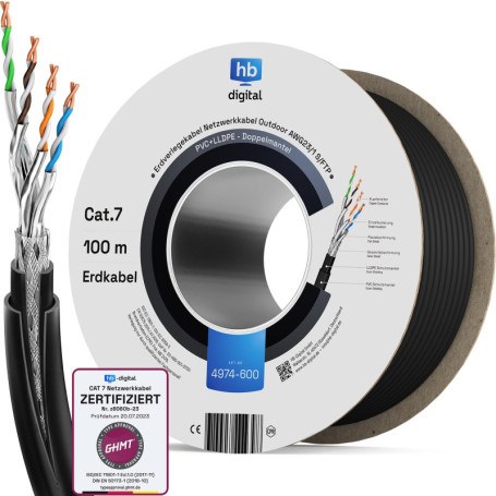 HB-DIGITAL Câble réseau extérieur CAT 7 de 100 m pour pose directe à la terre S/FTP AWG23/1 en cuivre pur double gaine PVC + LLD