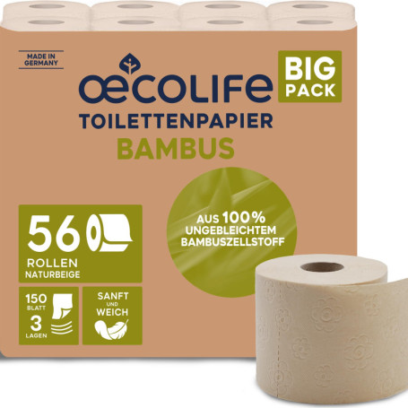 oecolife Lot de 56 rouleaux de papier toilette en bambou, 3 couches, 56 x 150 feuilles par rouleau, super doux, végétalien, papi