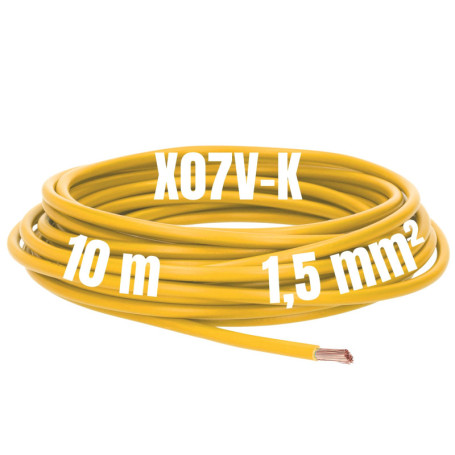 Kalitec Câble de câblage X07V-K 1,5 mm² jaune - 10 m - Flexible - En PVC - Toron 1,5 mm² - Câblage à fils fins - Câble unique - 