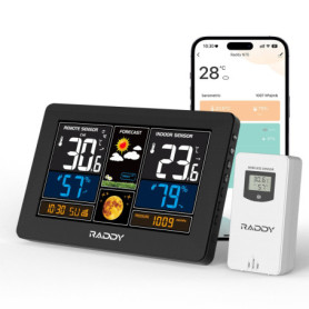 Raddy N75 Station météo Wi-Fi avec Capteur Extérieur, station météo sans fil 7,5", APP affiche les données météo, horloge réseau