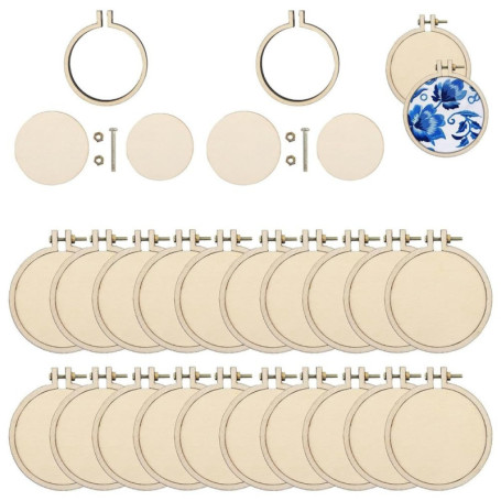 Ginobili Paquet de 20 Mini Cerceaux à Broder Ronds en Bois, Cerceaux en Bois, Cadre D'Affichage, Cercle pour Bricolage, Artisana