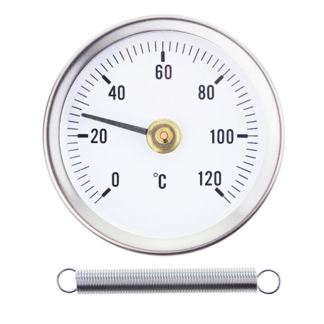 Thermomètre 0-120° avec ressort, avec clip pour montage sur tuyau, surface bimétallique en acier inoxydable - 63MM