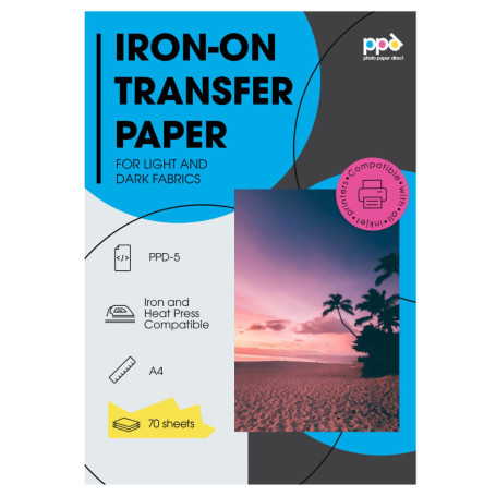 PPD Combo 70xA4 Papier Transfert Tee-Shirt, 50 Feuilles pour Textiles Blancs/Clairs et 20 pour Noirs/Foncés, Personnalisé, Jet d