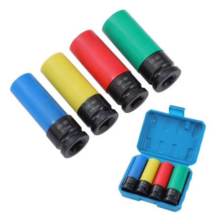 KATSU 1/2" Jeu de Douilles à Chocs pour Jantes Aluminium 17mm 19mm 21mm 22mm 4 Pièces, Acier au Chrome Molybdène, 85 mm Longueur