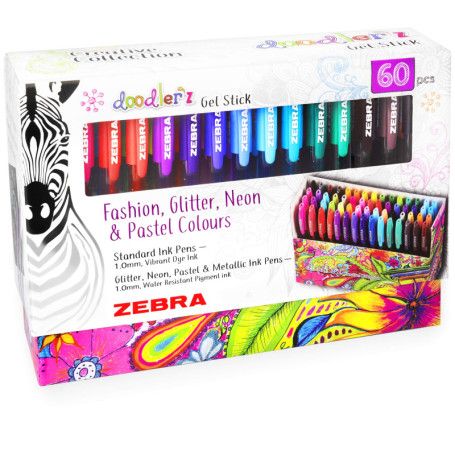 ZEBRA Doodler'z Lot de 60 stylos à encre gel 1,0 mm Couleurs tendance, pailletées, fluo et pastel