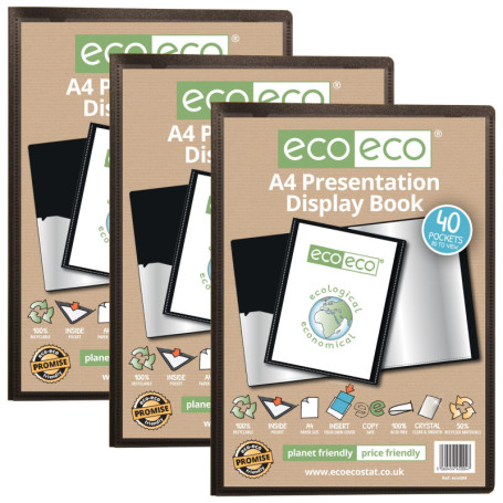 eco-eco Lot de 3 porte-vues A4 50% recyclé 40 pochettes noires avec pochettes en plastique