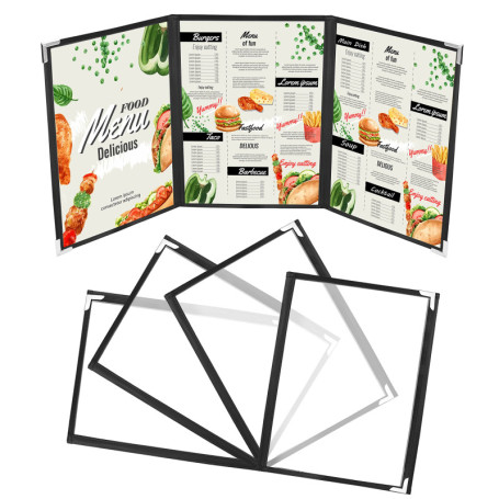 Kurtzy Lot de 5 Protege Menu A5 Trois Volets - Porte Menu Restaurant Double Affichage Style Américain - Protège Menu Noir Protec
