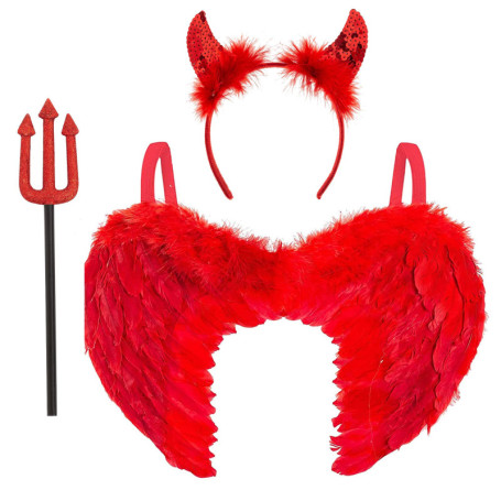 Déguisement de Diable 3 pièces pour Femmes - Ailes d'ange Rouges, Cornes et Fourche de Diable - Déguisement de Diable pour Femme