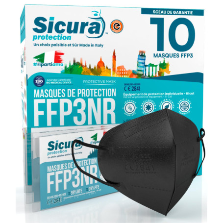 SICURA MASCHERINE CHIRURGICHE 10x Masque FFP3 Noir certifié CE fabriqué en Italie Haute Filtration Plus élevée BFE ≥99% PFE≥99% 