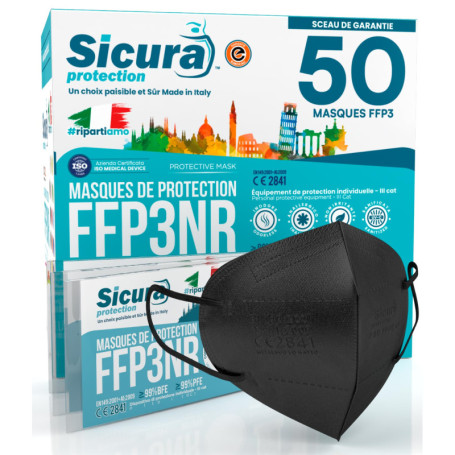 SICURA MASCHERINE CHIRURGICHE 50x Masque FFP3 Noir certifié CE fabriqué en Italie Haute Filtration Plus élevée BFE ≥99% PFE≥99% 