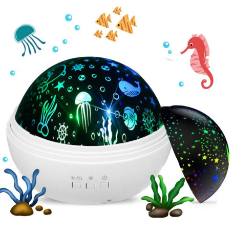 Veilleuse Enfant Projecteur, Bébé Lampe Projecteur Étoile et Océan, 360°Rotation Projection Lampes de Chevet (Blanc)