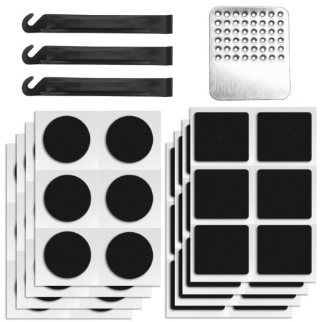 KELAV Kit Reparation Velo 52 Pièces, Rustine Velo Autocollante, Rustine Chambre a Air, Rond Carré Accessoires avec Lime en Métal