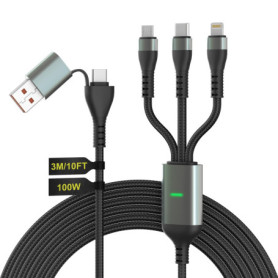 100W Câble Multi Chargeur USB A/C, 3 en 1 3M universelles Câble, PD3.0 6A Cable Multi Embout Lightning/Type C/Micro USB pour iPh