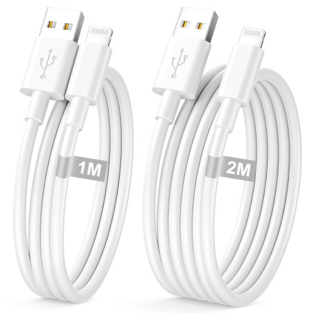 Cable iPhone 1M+2M/Lot de 2, [Certifié MFi] Cable iphone USB 2M Câble Lightning Fil Chargeur iphone Cable Charge Rapide Cordon p