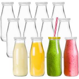 Lawei Lot de 12 Smoothie Bouteille Bouteilles en Verre jus Bouteilles de Lait Liqueur avec 12 pailles réutilisables et 24 couver