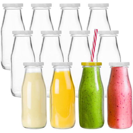Lawei Lot de 12 Smoothie Bouteille Bouteilles en Verre jus Bouteilles de Lait Liqueur avec 12 pailles réutilisables et 24 couver