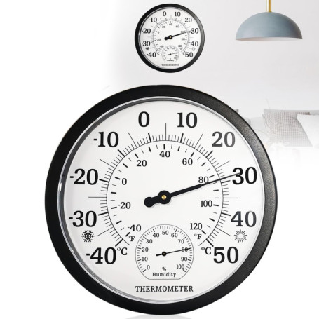 Nizirioo Grand thermomètre 2 en 1 pour l'intérieur et l'extérieur - Analogique - 25,4 cm - Avec hygromètre - Facile à lire - The