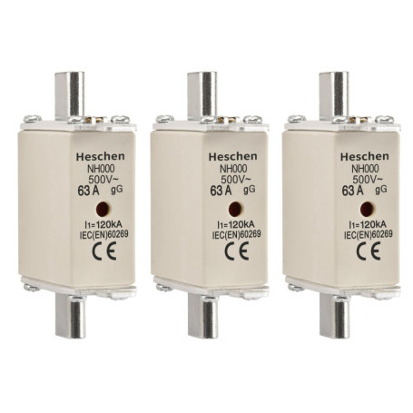 Heschen NH Fuse Link NH000 63A gG, Indicateur Avant, Détecteur Combiné, Lot de 3