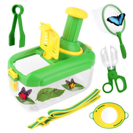Kit Exploration Enfant 5 Pièces, Boîte d'Observation avec Loupe, Capture Insectes, Cages à Insectes, Filet à Papillons, Cadeau É