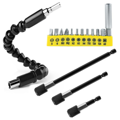 jinminamz 16 Pièces Renvoi D'Angle Visseuse Kit Avec 3 Tiges De Connexion à Capuchon Noir Et Une Tête De Tournevis Courbée Multi
