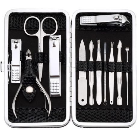 Kit Manucure Pedicure,12 en 1 Kit Manicure Ongle Complet Professionnel, Trousse Coupe Ongle Homme et Femme, Set Manucure Noir Po
