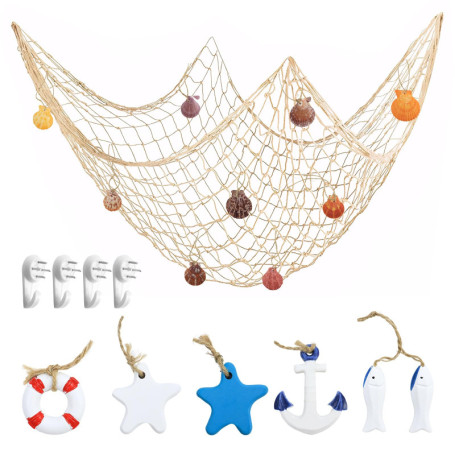 PIWOSGOL Filet de Peche Décoratif 100x200cm Filet de Peche avec Coquillage Decoration, avec 6 Pièces Decoration Marine, pour Mai