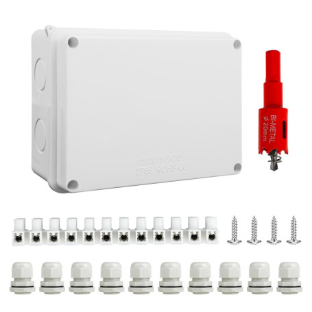 Boîte de Dérivation Étanche Exterieur IP65 - Coffret de Raccordement Apparent 150x110x70 mm - avec 10 presse-étoupes M20 avec jo