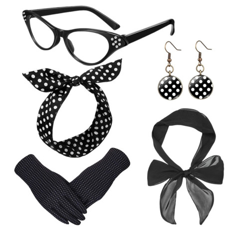 Accessoires Années 50 Femmes, 5 Pièce Costume des Années 1950, Pois Écharpe Gant Boucle Oreille Bandeau Lunettes, Accessoires De
