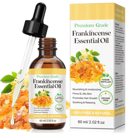 Frankincense Essential Oil 60ML Huile Essentielle d'encens 100% Pure et Naturelle pour Visage, Massage, Aromathérapie, Cheveux, 