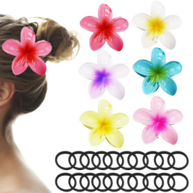 Lot de 6 pinces à cheveux en forme de fleurs - En acrylique - Pour femme - Antidérapantes - Avec 20 élastiques à cheveux