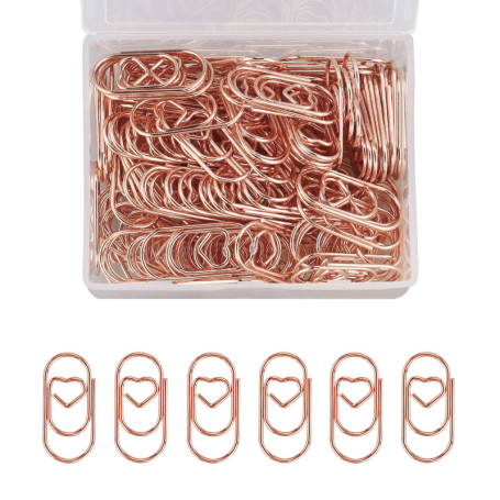 RONGWANGFU Lot de 130 trombones en forme de cœur or rose avec boîte transparente pour bureau, salle de classe.