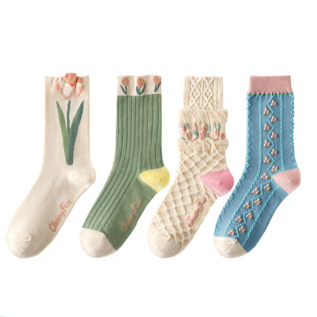 4 Paires Chaussettes Femme Chaussettes Florales Mignonnes Pour Femmes,Chaussettes Femme Fantaisie,Chaussettes Vintage en Coton à