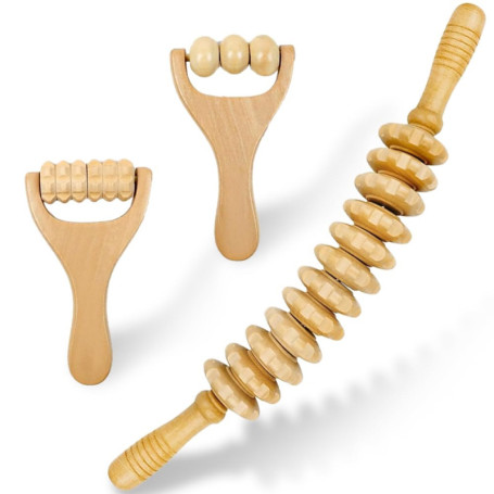 Uoimky Lot de 3 rouleaux de massage en bois avec poignée - Anti-cellulite - Pour le dos, les jambes, le cou, la cellulite - Rela