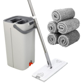 Serpillere Microfibre, Balai Serpillère et Seau Serpillere 2 en 1, Seau Essoreur avec 5 tampons en Microfibre lavables et poigné