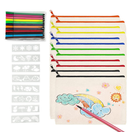12 Pcs Pochette Tissu Zippée，Trousse a Colorier，Sac en Toile à Fermeture Éclair Colorée，Livré avec 12 Crayons Couleur et Gabarit