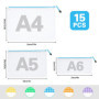 15 pochettes de documents A4 A5 A6 5 couleurs, pochette de documents étanche, pochette transparente à fermeture éclair pour fich