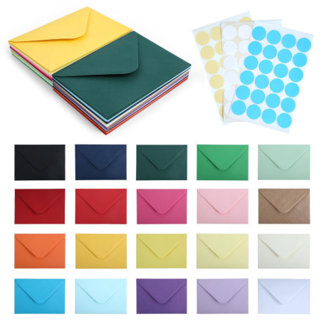 Strehknewen 60 Enveloppes colorées, Enveloppes C6, enveloppes en papier kraft, 20 couleurs, avec 72 autocollants colorés, envelo