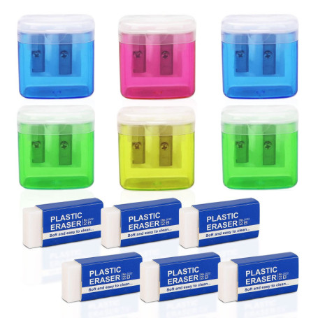 TSHAOUN Lot de 6 taille-crayons manuels colorés à deux trous avec couvercle et 6 gommes en plastique blanc, pour enfants, étudia