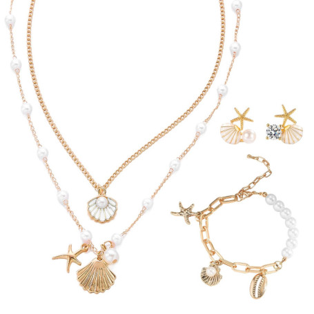 Byfoyif Bijoux Coquillage Femme, Collier Breloque Femme + Bracelet Coquillage Fille + Boucles d'Oreilles Coquillages et Étoile d