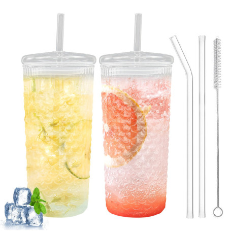 Byfoyif 2 Pcs Verre avec Couvercle et Paille 650 ml, Verre Bubble Tea Réutilisable, Gobelet Smoothie Transparent sans BPA, Tasse