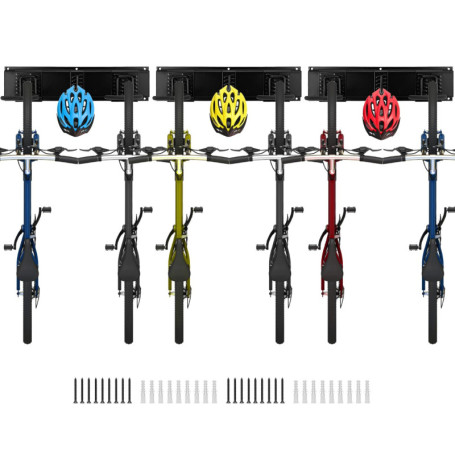 QWORK® Support mural pour vélo, porte velo mural réglable pour 6 vélos et 3 casques, pour garage, maison