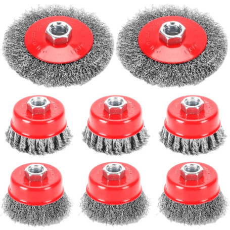 Lot de 8 brosses métalliques pour meuleuse d'angle - 75 mm et 100 mm - Pour meuleuse d'angle - Filetage M14 x 2 - Pour meuleuse 