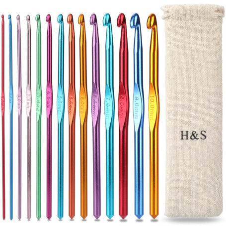 H&S Set Crochet Tricot - 14pcs - Kit Crochets en Aluminium avec Poignée à Prise Ferme - Aiguilles Livrée avec Pochette - Aiguill