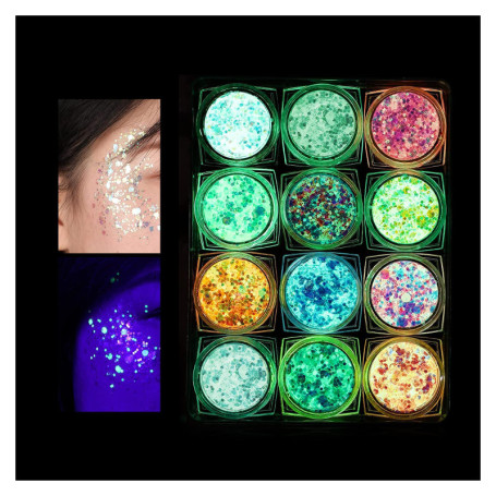 KUIRUNRX® Lumineuse Paillettes Gel,12 Couleurs Maquillage Paillettes Glitter,Holographique Paillettes Set,Paillettes de Corps,Fl