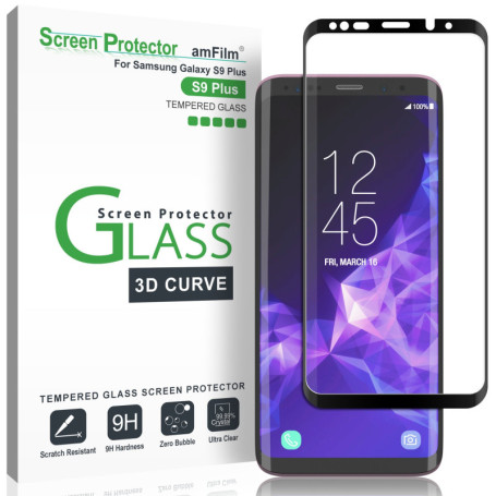 amFilm Verre Trempé pour Galaxy S9 Plus, Couverture Complète (Courbes 3D) Film Protection écran pour Samsung Galaxy S9+ (Noir)