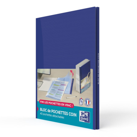 OXFORD Bloc de 40 pochettes coin haute qualité polypro 90 microns avec couverture protectrice