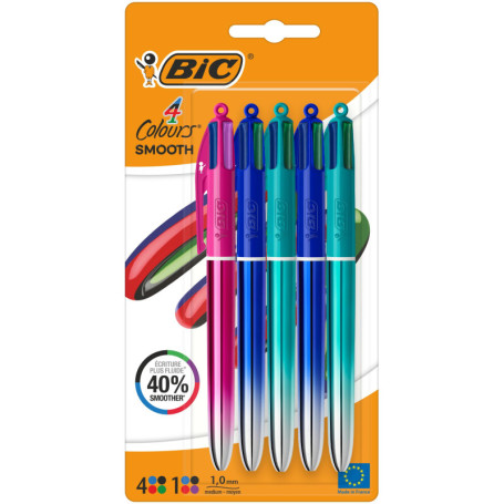 BIC 4 Couleurs Smooth Stylos-Billes Rétractables à Pointe Moyenne (1 mm) - Stylo 4 Couleurs avec encre effet gel fluide - Couleu