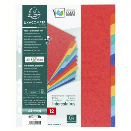 Exacompta - Réf. 2412E - Carton de 25 intercalaires en véritable carte lustrée souple 225g/m2 FSC® avec 12 onglets neutres - For