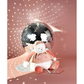 DOUDOU ET COMPAGNIE - Pantin d’Activités Ours Rose Doudou Peluche Anniversaire 25 Ans avec Anneau et Textures à Explorer – Idée 