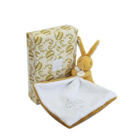 DOUDOU ET COMPAGNIE - Lapin Ocre avec Doudou Mouchoir à Fleurs – Peluche Bébé Mixte Ultra Douce – Doudou Naissance avec Boîte Ca